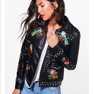 Grace Studded Embroidered Faux Leather Biker